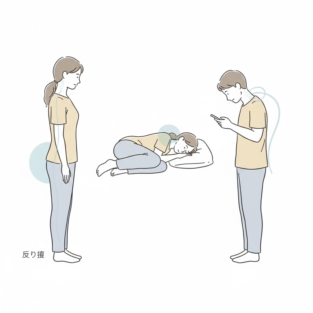 体の使い方や寝方が肩の負担につながることを示したシンプルなイラスト