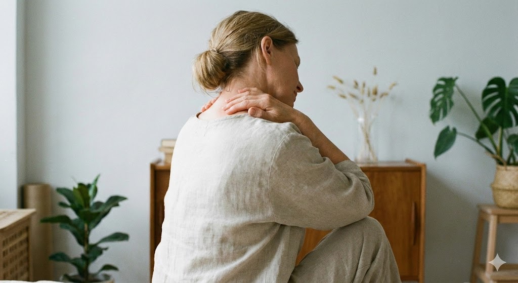 肩こりが肩だけでなく、体の使い方や姿勢の影響で起きていることを示すイメージ