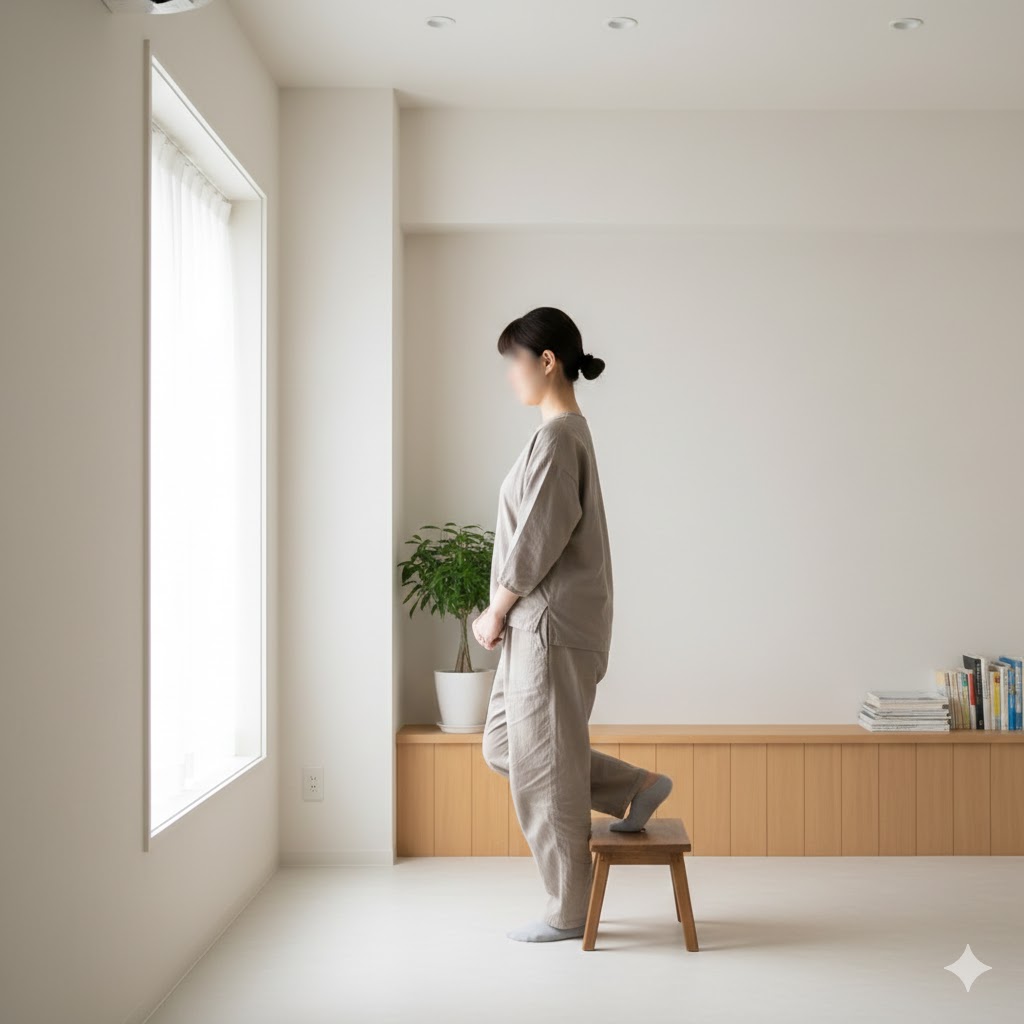 日本の整体院のホームページ用ファーストビュー画像。 静かで落ち着いた雰囲気。 自然光が入る室内、白や木目を基調とした空間。 人物は1人、横向きまたは後ろ姿で、表情は写さない。 ポーズは日常動作の途中(立ち上がる直前・歩き出す直前など)。 痛みや施術中の表現は入れない。 売り込み感のない、思考型・説明型の整体院のイメージ。 写真風、リアル、文字なし。
