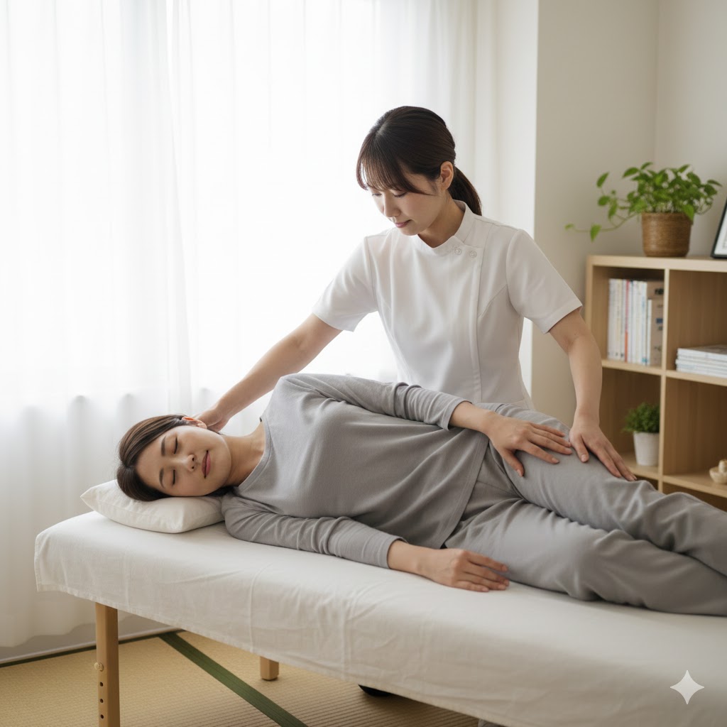 女性施術者が静かな環境で体の状態を確認しながら施術している様子