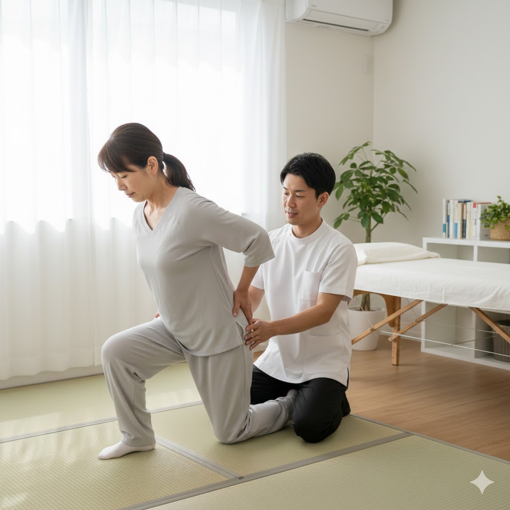 動きを確認しながら行うセルフケア指導の様子