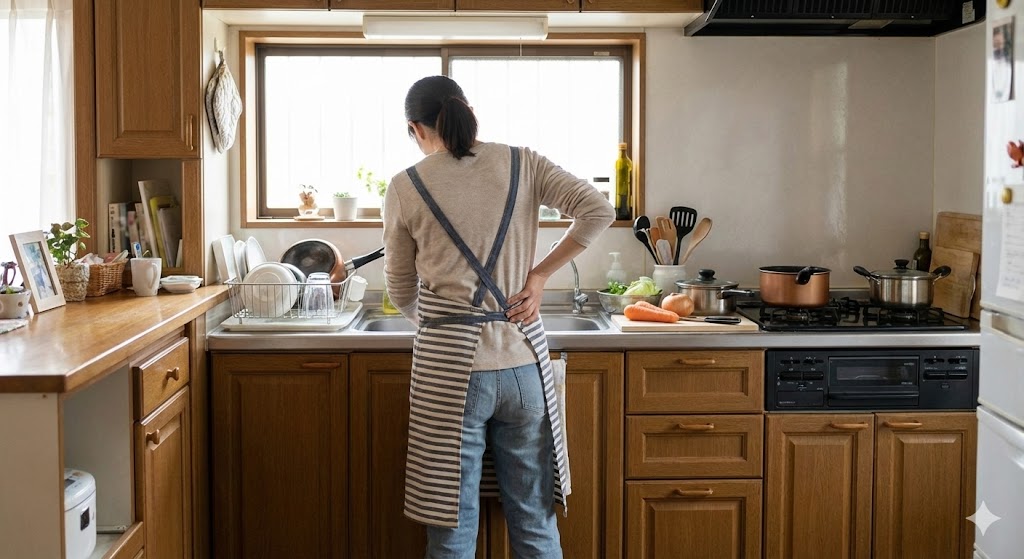 日常の家事動作で腰に負担が集まりやすい立ち姿勢の例