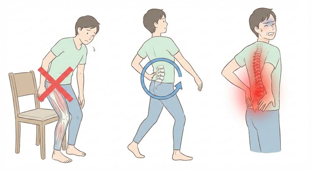 立ち上がりや歩き始めで股関節が使えず、腰が支点となって負担が集中している状態を示す図