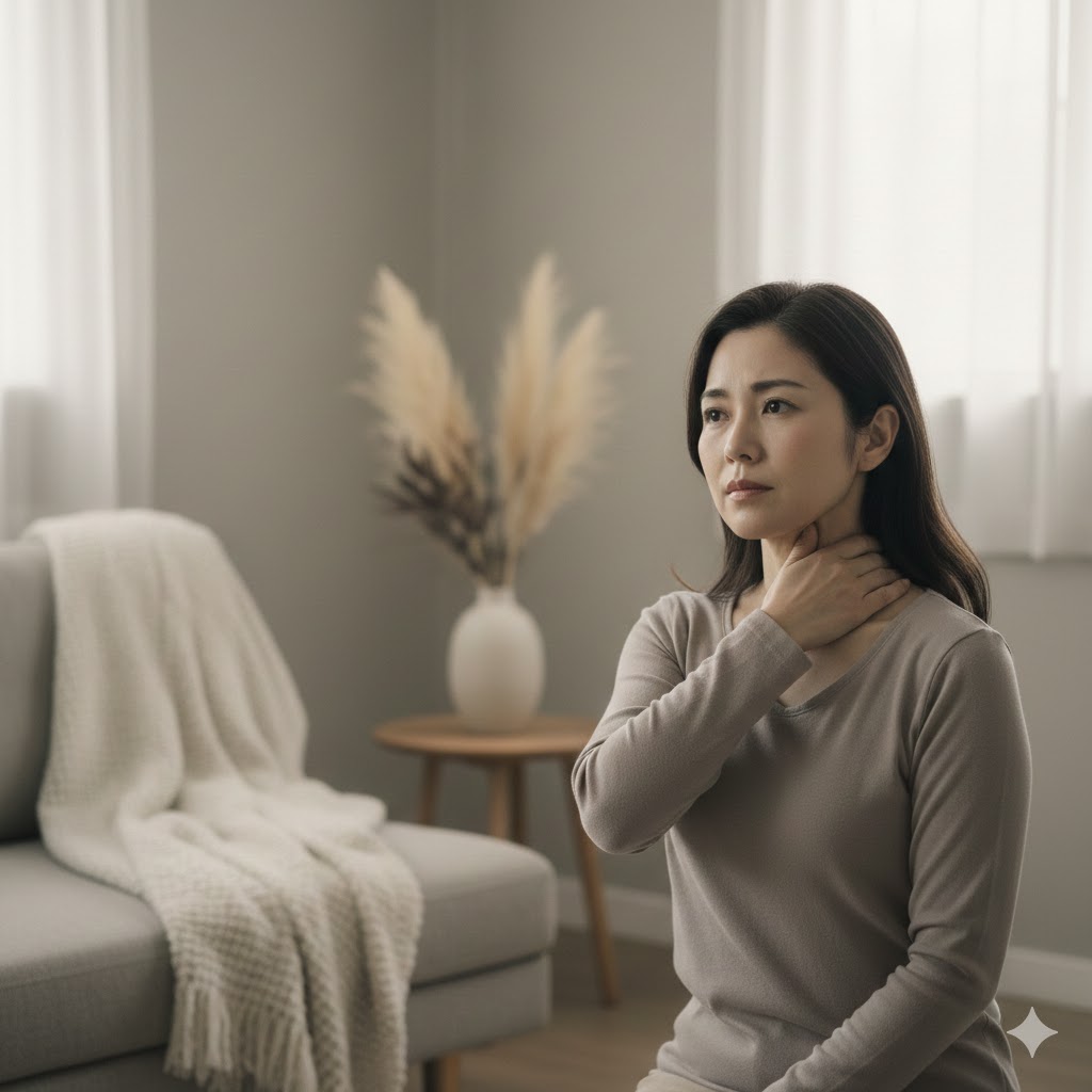 病院で異常なしと言われたが、肩や首のつらさを抱えながら考え込む女性のイメージ