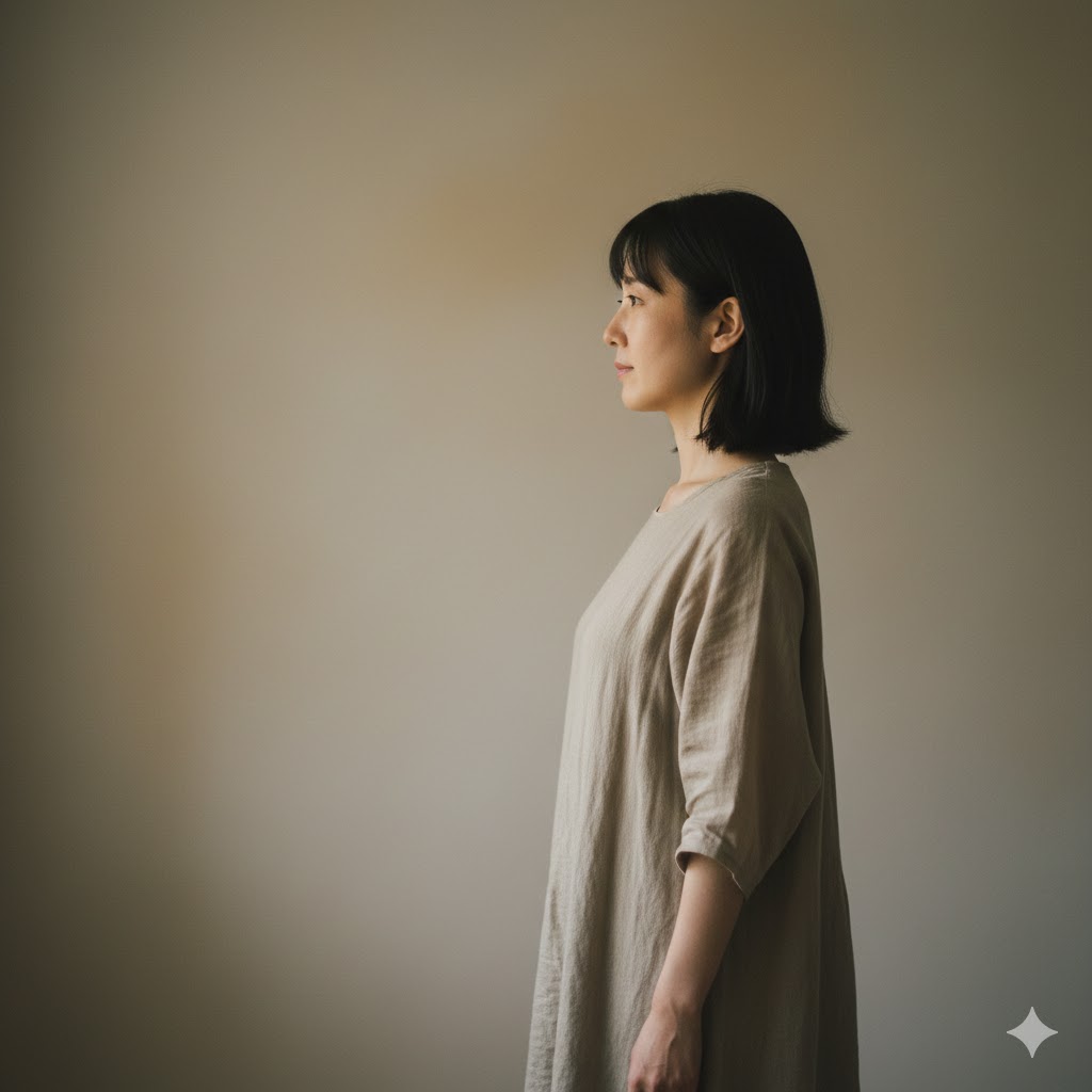 体の使われ方や姿勢の状態を静かに捉えた横向きの立ち姿のイメージ