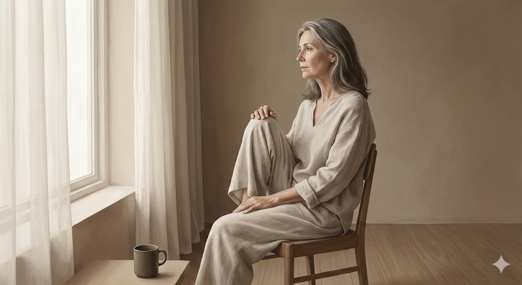 手術ではないと言われた股関節や膝の痛みについて、静かに考えている女性のイメージ