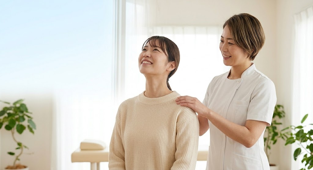 長町の整体院dolmil(ドルミル)で、施術後に首の痛みが改善し、笑顔で上を見上げる女性患者と、それを優しく見守るショートヘアの女性整体師(野口さんイメージ)。白とベージュ、木目を基調とした清潔で温かみのある院内環境を表現している。