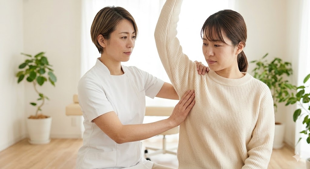 長町の整体院dolmilで行うJTA療法(関節トレーニング)。前鋸筋(ぜんきょきん)などのサボり筋を活性化させ、肩甲骨を正しい位置に戻す施術風景。白とベージュ、木目を基調とした清潔で温かみのある院内環境を表現している。