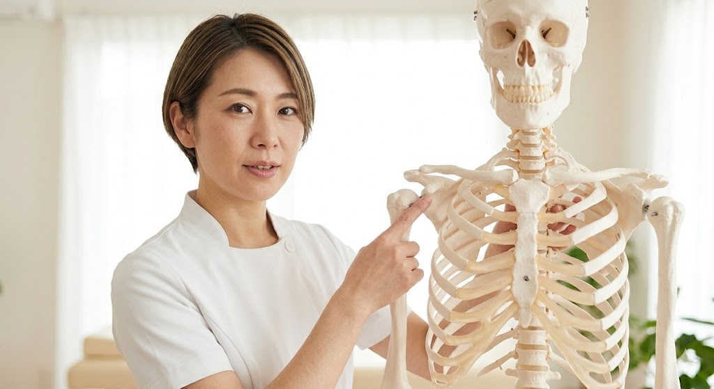 長町の整体院dolmilで、人体骨格模型の烏口突起(うこうとっき)を指さし、小胸筋が付着するメカニズムを解説する野口さんの様子。白とベージュ、木目を基調とした清潔で温かみのある院内環境を表現している。