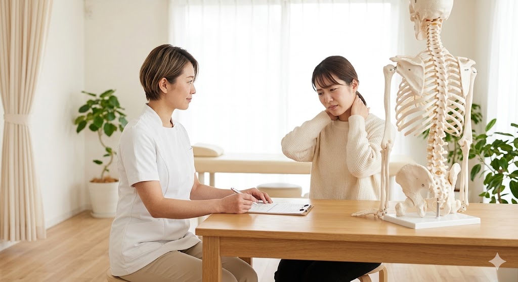 長町の整体院dolmilで、ショートヘアの女性整体師(野口さんイメージ)が、辛そうに首の後ろを押さえている写真。白とベージュ、木目を基調とした清潔で温かみのある院内環境を表現している。