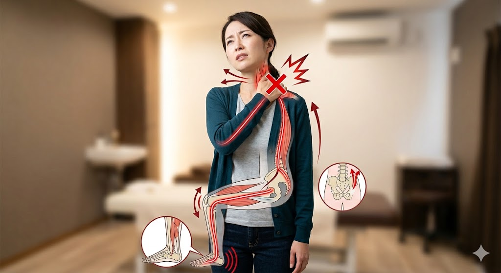 仙台市太白区長町の整体院dolmilによる、上を向くと首が痛い原因の図解。反り腰と外反母趾からくる全身の屈筋・伸筋のバランス崩壊と、頸部関節への負担の連鎖を示す。