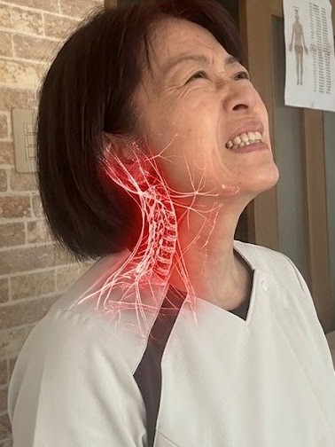 長町の整体院dolmil院長が実体験した、上を向く動作で首の前側に走る激痛と、赤く強調された頚椎の衝撃