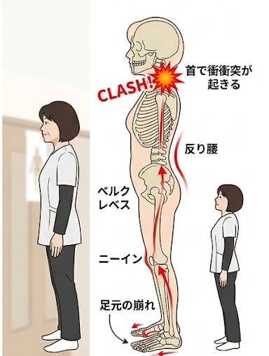外反母趾(足元の崩れ)からニーイン、反り腰を経て、頚椎での「CLASH(衝突)」に繋がる屈筋群のサボり連鎖を解説した解剖図