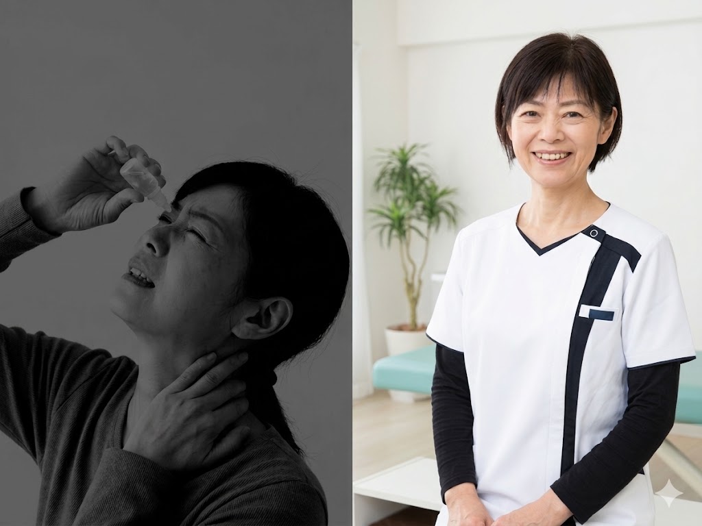 仙台市太白区長町の神経整体院、野口院長の笑顔の肖像と、上を向いて首の後ろを押さえ痛みに耐える女性の対比アート画像。首を後ろに反らす(背屈)と肩や背中に激痛が走る症状の解説。