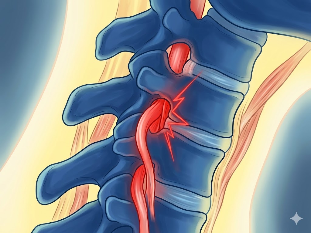 首を後ろに反らした際の頸椎の隙間(椎間孔)で、神経が物理的に圧迫されている様子を表現した抽象アート。神経の伝達が阻害され、肩や背中に痛みの信号が散っているイメージ。