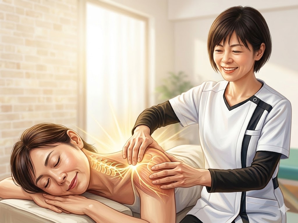 仙台市太白区長町の神経整体院、野口院長の手が患者の首元に優しく、正確に触れている実写の写真。若々しい野口院長の表情が、ソフトな手技の安心感を伝える。神経の伝達を整えることで、サボり筋(眠っていた筋肉)が再び動き出し、肩や背中の痛みが解消されるイメージ。
