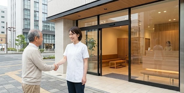 清潔感のある整体院の入り口で、笑顔の女性セラピストがシニアの男性患者と握手を交わし、信頼関係を築いている様子。