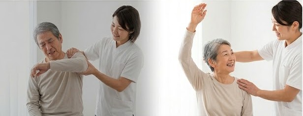 肩の痛みで悩んでいたシニア女性が、神経整体の施術後に笑顔でスムーズに腕を上げられるようになったビフォーアフターの比較イメージ。