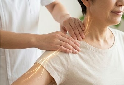 女性セラピストの指先が首の神経ポイントに触れ、脳からの指令がスムーズに伝わるイメージを光のラインで表現した施術のクローズアップ。