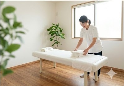 自然光が差し込む明るい個室の施術室で、女性セラピストが清潔なタオルを整えて患者を迎える準備をしている安心感のある空間