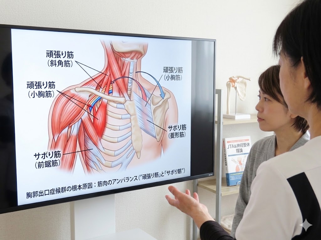 胸郭出口症候群の原因となる筋肉の解剖図。神経を圧迫する「頑張り筋(斜角筋・小胸筋)」と、弱っている「サボり筋(前鋸筋・菱形筋)」の相関関係を示している。仙台市長町dolmilの理論解説。