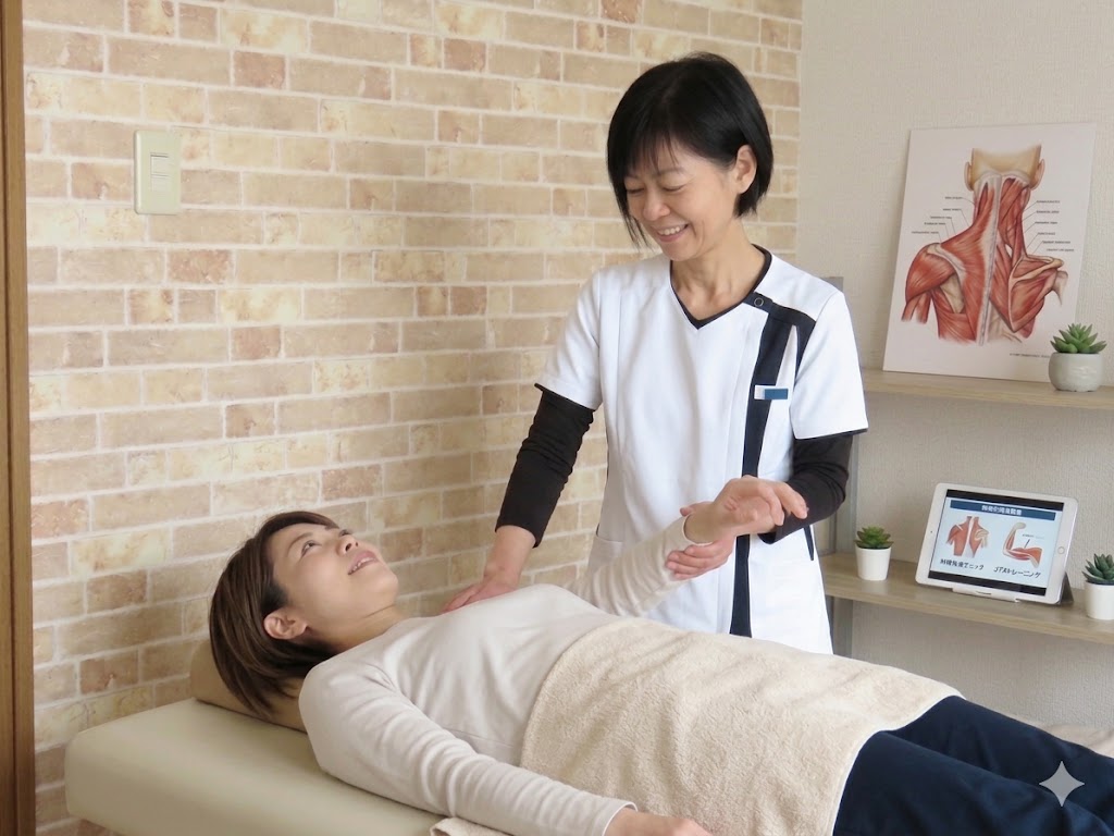 仙台市長町の整体院dolmilでの施術風景。仰向けの状態で、神経整体とJTAを用い、身体が自然に正しく動ける状態へと導く専門的なアプローチの様子。