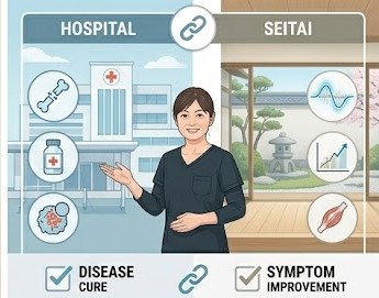 病気を治す整形外科と症状を改善する整体の役割分担の比較図