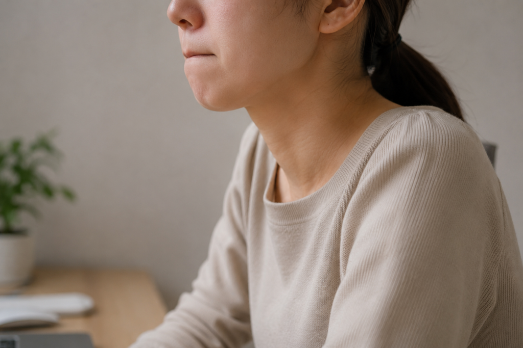 肩や顎に力が入ったまま緊張が続く様子