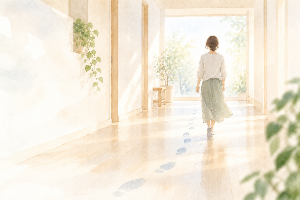 床の足跡のラインに沿って歩く人の後ろ姿