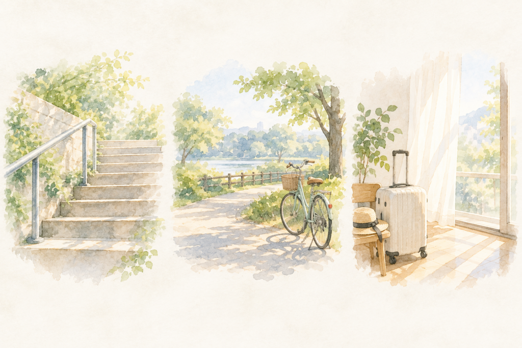 階段、自転車、旅行かばんの3つの場面のイラスト