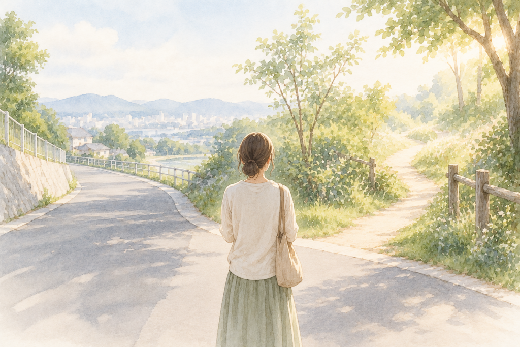 分かれ道の前で立ち止まる人の後ろ姿