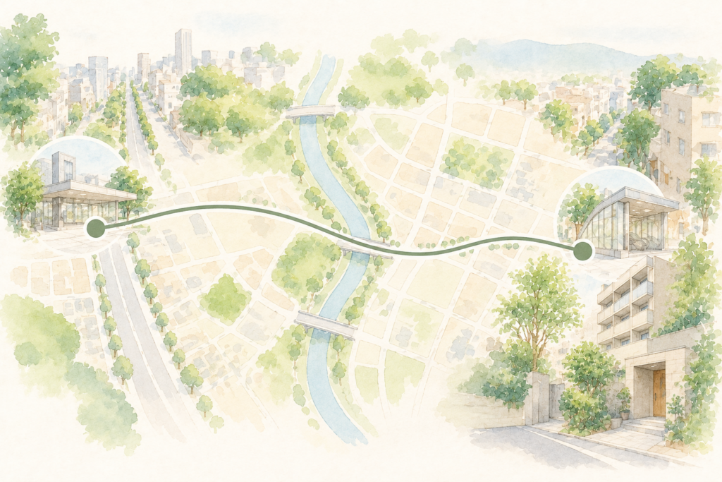 河原町から長町一丁目へ、地下鉄で1駅の道のりを表した地図風イラスト